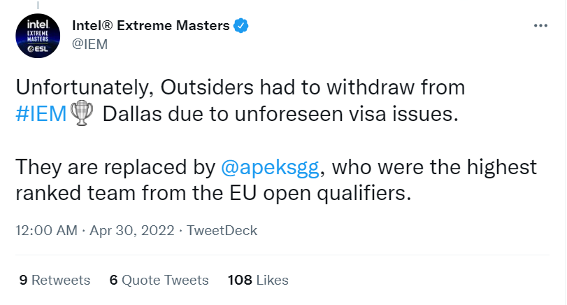 因签证问题，VP将无法参加CSGO IEM达拉斯预选赛 