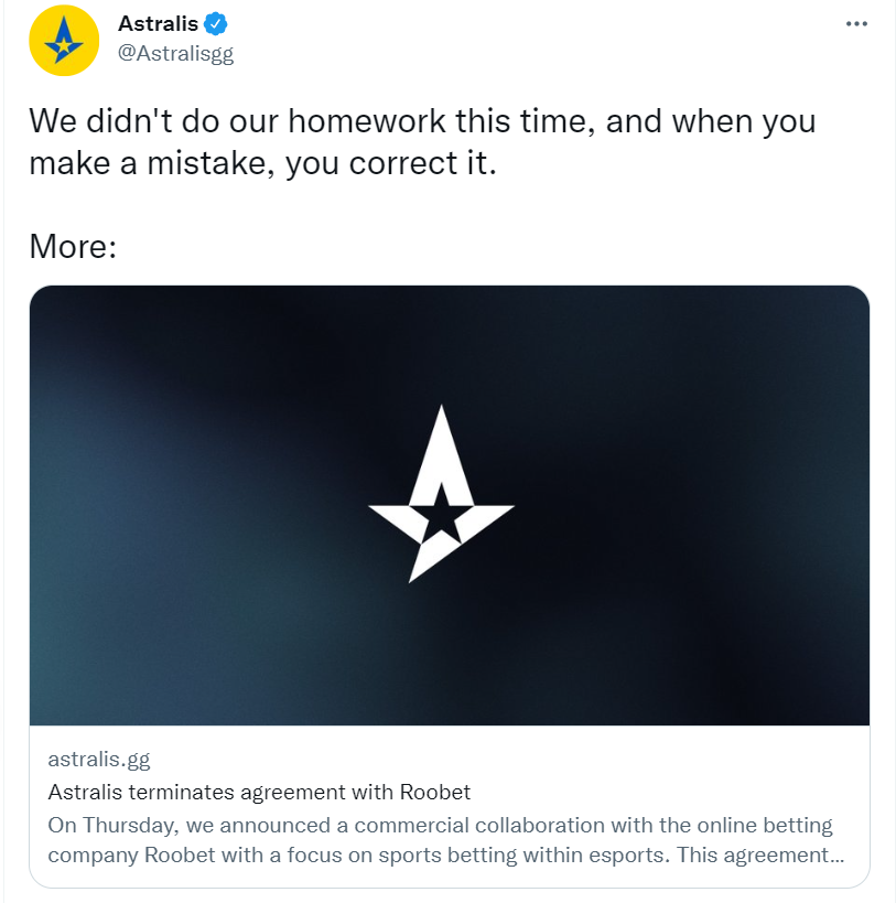 GO圈新鲜事：2.Astralis宣布和菠菜公司Roobet解约