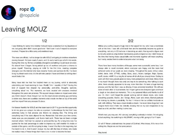 5年转瞬即逝，ropz 离队发表长文告别MOUZ 