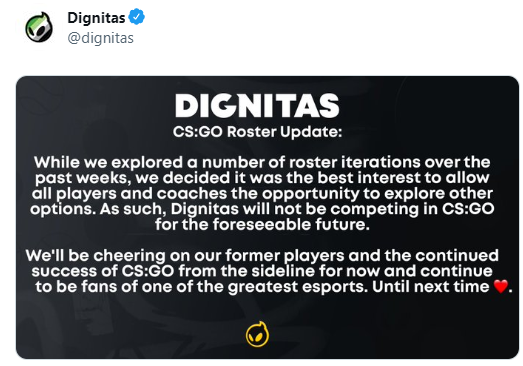 大眼Dignitas宣布解散CSGO分部，传奇老将“没队要”